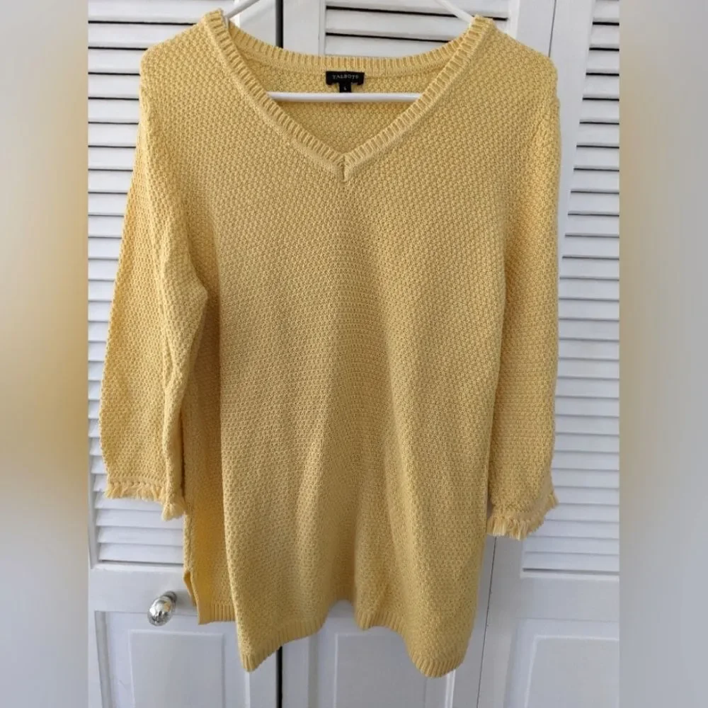 Talbots Sweater Women sz L Buttercup Woven Yellow Cotton 3/4 Sleeves Fringe Edge